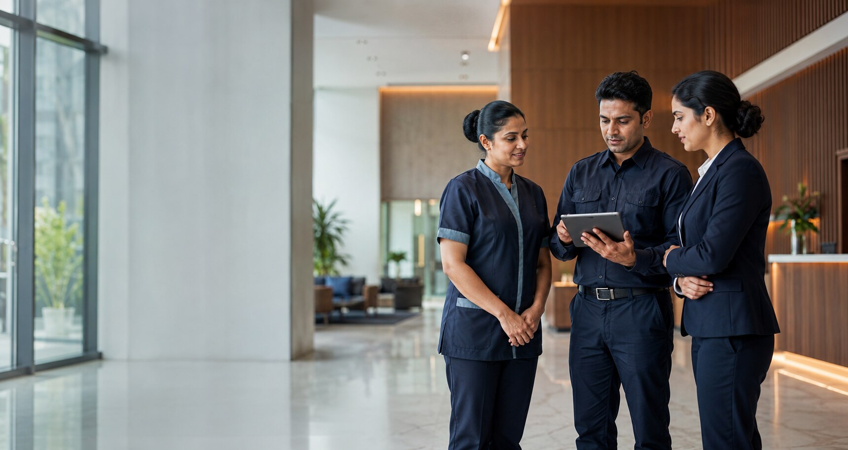 Professional facility management team in a corporate workplace