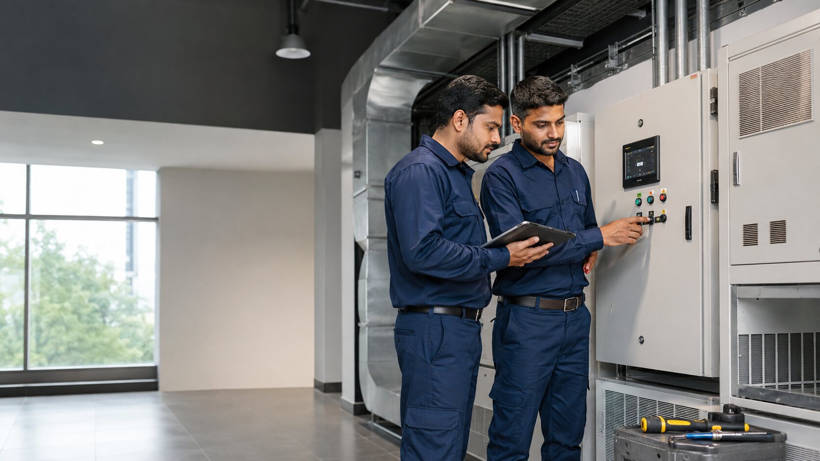 Facility engineers inspecting corporate maintenance systems